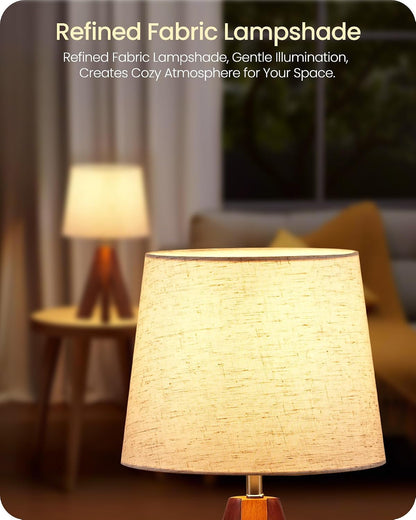 Tripod Table Lamp, 14.6 Inch Small Bedside Lamp with Beige Linen Shade, Modern Nightstand Lamp for Bedroom, Kids Room, Living Room, Nursery, Office, E26 Socket, Dark Wood Base, LE51TL053
