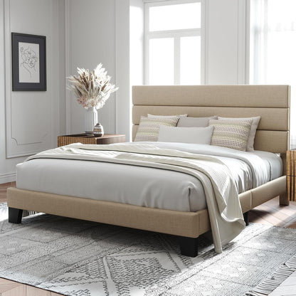 King Size Platform Bed Frame with Fabric Upholstered Headboard and Wooden Slats Support, Fully Upholstered Mattress Foundation/No Box Spring Needed/Easy Assembly, Beige3
