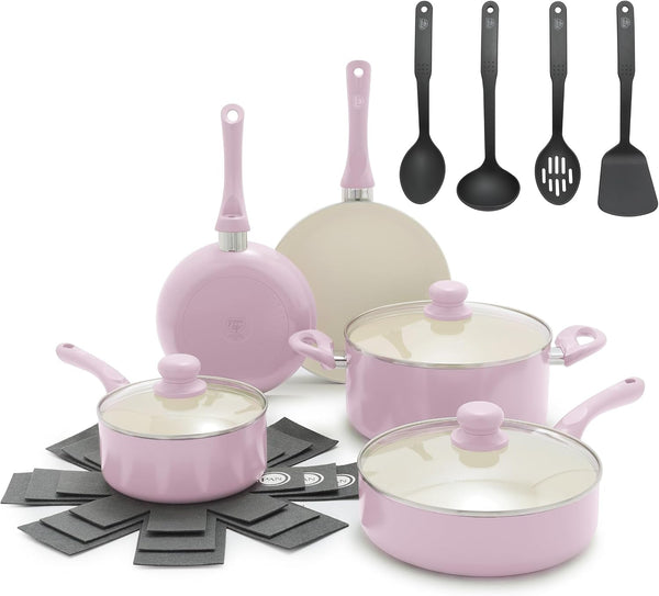 16Pc Ceramic Nonstick Pots & Pans Cookware Set, Blush Pink | Pfas-Free Nonstick Coating, Stockpot, Frying Pans, Saucepan, Sauté, Induction Ready, All Stovetop Compatible, Dishwasher Safe1