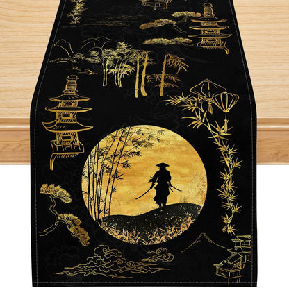 Japanese Samurai Table Runner, Black and Gold Bamboo Asian Zen Decor, Premium Linen Dining Table Cover for Home Kitchen Party,13X108 Inch1