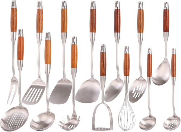 15” Metal Kitchen Utensils Set with Roosewood Handle - 18/10 Stainless Steel Cooking Utensils, 14 PCS Large & Small Spoons Set - Whisk, Masher, Fork, Spatula, Turner, Ladle, Skimmer, Pasta1