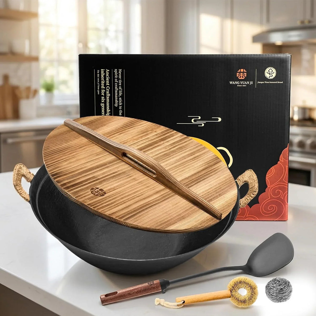 13-4-inch-cast-iron-wok-with-wooden-lid-and-iron-spatula-flat-bottom-double-handle-chinese-stir-fry-pan-uncoated-cast-iron-wok-for-induction-gas-and-electric-stoves