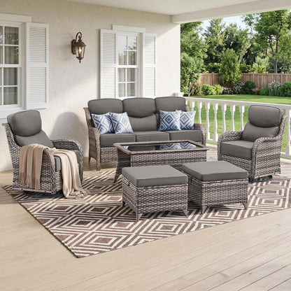 Luxury High Back Outdoor Furniture with 6-Inch Thick Cushions, Patio Furniture Set with Swivel Chairs, 6 PCS Wicker Conversation Set for Porch, Balcony, Deck and Yard1