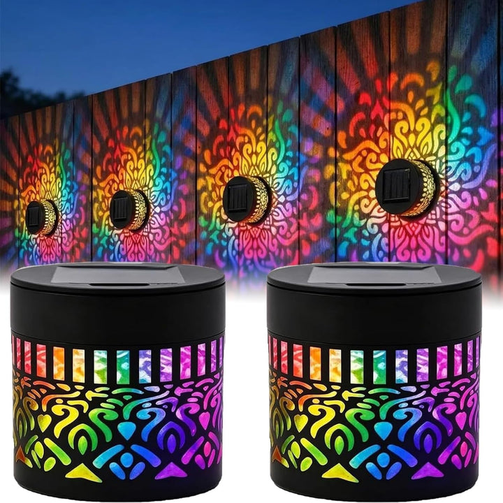 2 Pack Solar Mandala Lights Outdoor Wall, Fence Lights Solar Powered, Wall Light Projector Seven-Color Changing Waterproof for Hallway, Backyard, Patio, Garden Decor