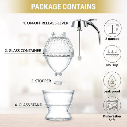 Stainless Steel Shaft Honey and Maple Syrup Dispenser - No Drip Glass Honeycomb Jar with Stand, 8 Oz Syrup Pot, Silver Plastic Top4