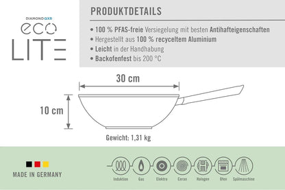 ECO LITE WOK 12" Made in Germany. Made from 100% Recycled Aluminum.Pfas-Free Diamond QXR Non-Stick Coating6