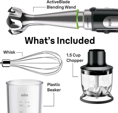 Braun Multiquick MQ7025X Hand Blender W/Chopper, Whisk, Frother | #1 Hand Blender Brand, Single Hand Operation, Splashcontrol Technology, Easyclick, Food Processor, Whisk, Beaker7
