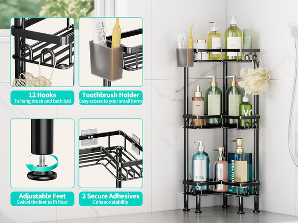 Standing Shower Caddy Corner - 3 Tier Corner Shower Organizer with Toothbrush Holder and 12 Hooks, Large Capacity Rustproof Bathroom Shelves for Tall Bottles, Black2