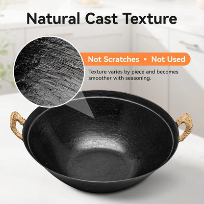 13.4 Inch Cast Iron Wok with Wooden Lid and Iron Spatula, Flat Bottom Double-Handle Chinese Stir Fry Pan, Uncoated Cast Iron Wok for Induction, Gas and Electric Stoves5
