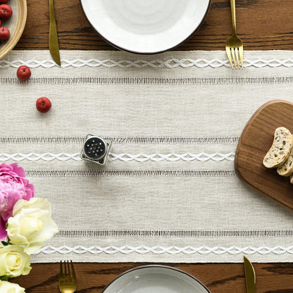 Beige Rustic Cotton Linen Table Runner, Seasonal Embroidered Hollow Kitchen Dining Table Decoration for Home Party Decor 13X72 Inch2