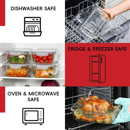 4 Pack 8 Cups/ 63Oz Large Glass Storage Containers with Lids, Meal Prep Containers, Glass Food Storage with Airtight Lid for Baking, Leak Proof & Microwave, Oven Safe (4 Containers + 4 Lids)6