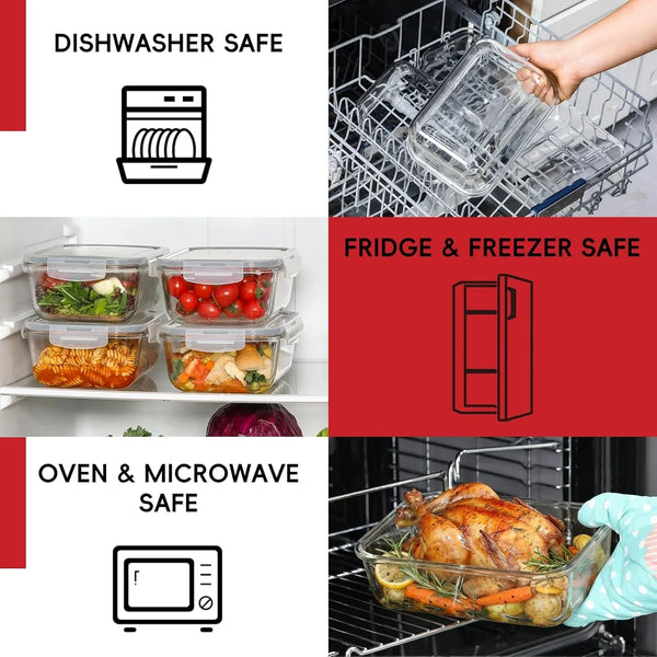 4 Pack 8 Cups/ 63Oz Large Glass Storage Containers with Lids, Meal Prep Containers, Glass Food Storage with Airtight Lid for Baking, Leak Proof & Microwave, Oven Safe (4 Containers + 4 Lids)6