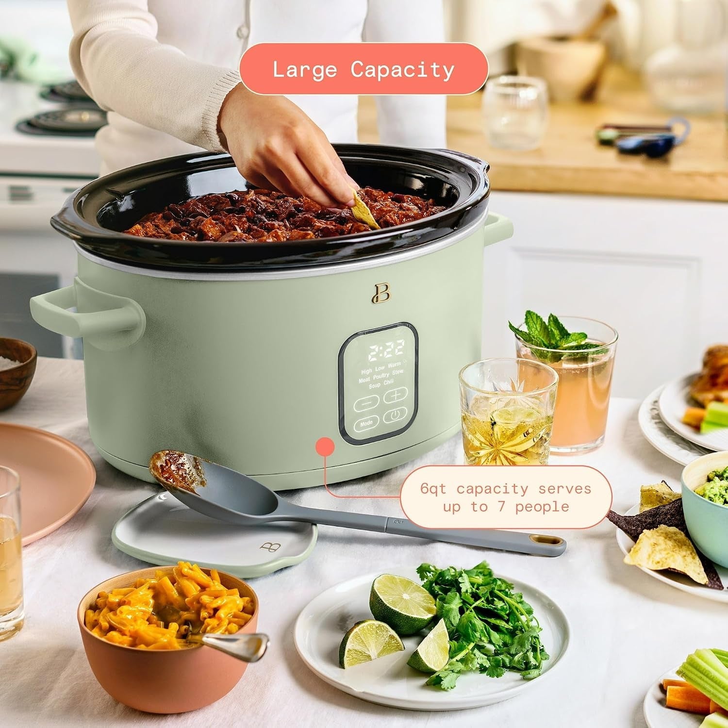 6-quart-programmable-slow-cooker-with-24-hour-timer-auto-warm-5-presets-for-meat-poultry-stew-soup-chili-dishwasher-safe-ceramic-pot-glass-lid-digital-display-sage-green