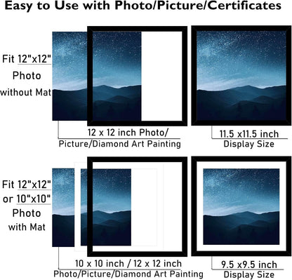 12X12 Picture Frame with Mat for 30 X 30Cm Diamond Art Painting, Display Photo 10X10 or 12 X 12 without Mat, Wall Hanging Large Frame with Plexiglass, Black3