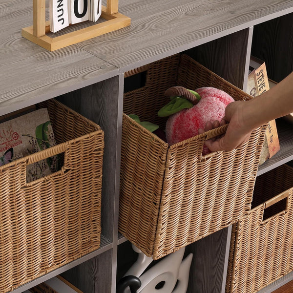 10.5 X 10.5 in Plastic Wicker Baskets for Cube Storage, Collapsible Square Wicker Storage Basket Set of 3, Rattan Storage Cube, Square Baskets for Shelves - Khaki4