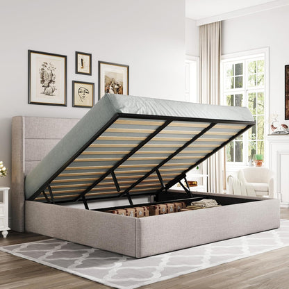 King Size Lift up Hydraulic Storage Bed Frame Light Beige1