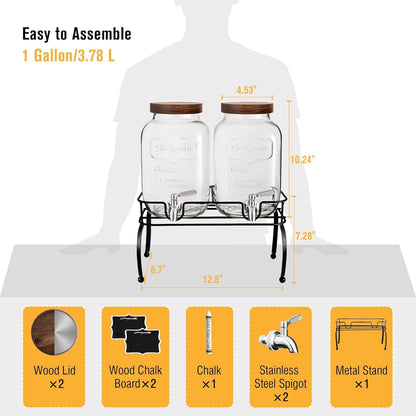 1 Gallon Glass Drink Dispenser for Parties with Stand, 2 Pcs | Leak-Proof Stainless Steel Spigot & Acacia Lid, Beverage Dispenser for Parties and Gatherings, Sun Tea Jar, Lemonade Stand2