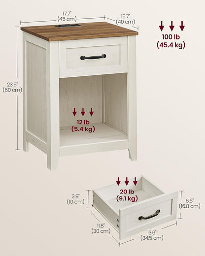VASAGLE Farmhouse Nightstands with Charging Station, 1 Drawer, Set of 2 | Bedside Table, Side Table with Open Compartment, for Bedroom, Rustic White and Honey Brown, LIRY Collection ULET859K412
