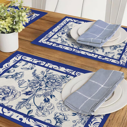 Blue White Flower Chinoiserie Placemats Set of 46