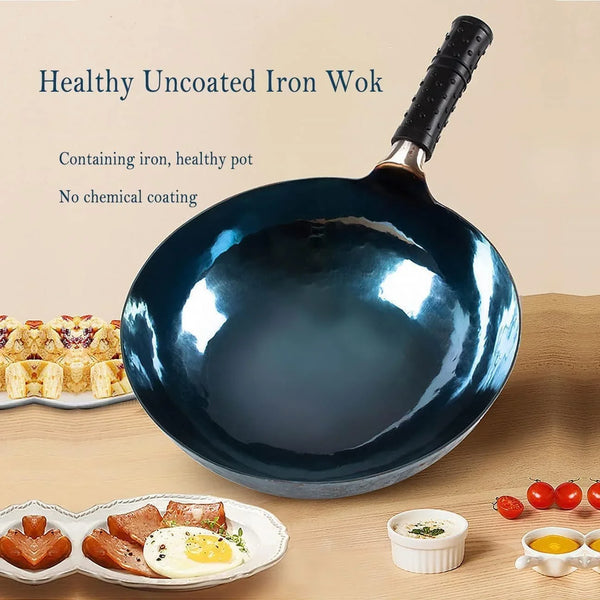 14-Inch Carbon Steel Wok, round Bottom Traditional Chinese Wok with Rubber Handle and Wooden Lid, Uncoated Non-Stick Wok for Gas Stoves, Home Cooking, Camping, and as a Gift5