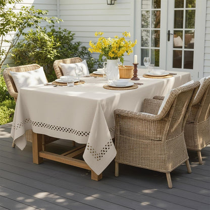 Rectangle Linen Polyester Tablecloth with Decorative Cutouts, Waterproof Tablecloth Wrinkle Free Spring Farmhouse Dining Tables Cover for Dining Party Camping, 55 X 70 Inch, Beige5