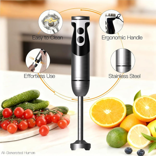 Pro Titanium Reinforced 5-In-1 Immersion Hand Blender, Powerful Motor with 80% Sharper Blades, 12-Speed Corded Blender, Including 500Ml Chopper, 600Ml Beaker, Whisk and Milk Frother (Black)6