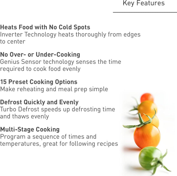 Panasonic Countertop Microwave Ovens, 0.9 Cu. Ft. 1000W, 15 Auto Cooking Presets, Inverter Technology for Even Cooking, with Genius Sensor Technology and Turbo Defrost- NN-SD47QSDAYH2