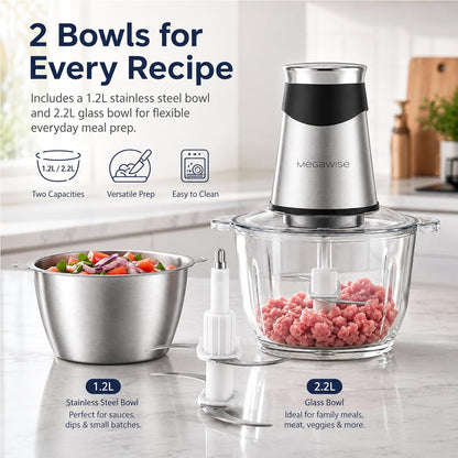 Electric Food Chopper 800W, Dual-Speed Meat Grinder With1.2L 304# Stainless Steel Bowl & 2.2L Glass Bowl, Bpa-Free Food Processor for Meat, Vegetables, and Nuts2