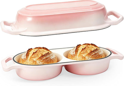Double Enameled Cast Iron Dutch Oven for Sourdough Bread Baking – 2-In-1 Bread Baker with Lid, Dual Mini Loaf Pan, 500°F Oven Safe, Even Heating for Artisan Bread, Nonstick Enamel1