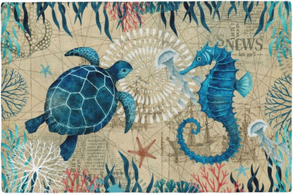 Nautical Placemats Set of 4, Ocean Coast Beach Theme Washable Non-Slip Heat Resistant Place Mats, Sea Turtle Seahorse Summer Linen Decoration Dinner Mat for Kitchen Dinner Party Decor6