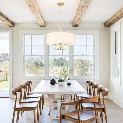 5 Lights Drum Chandelier Gold Farmhouse Chandelier with Shades 19" Large Pendant Light Fixtures Hanging Brass round Chandeliers for Bedroom Dining Room over Table Living Room Foyer Kitchen Island5