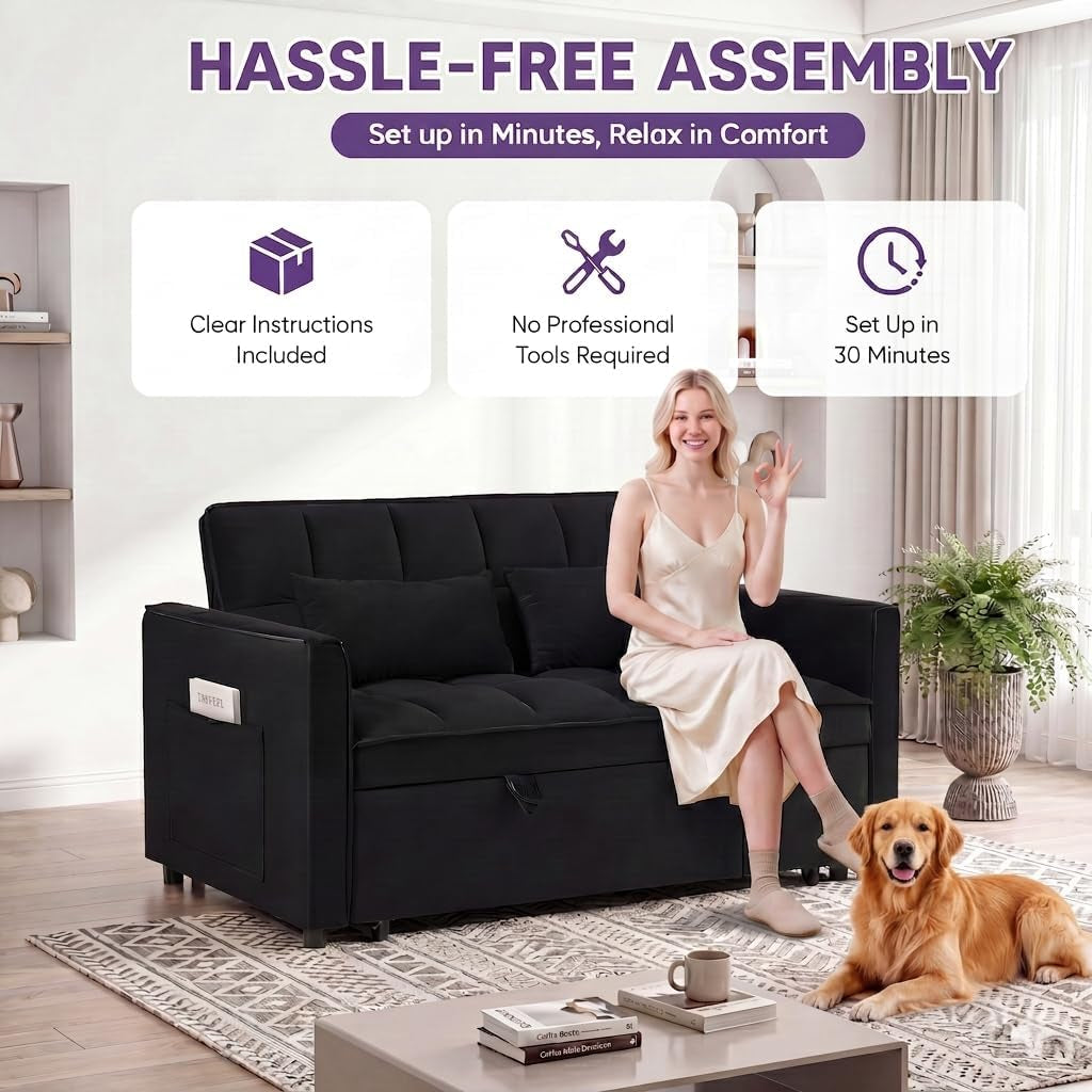 3-in-1-convertible-sleeper-sofa-bed-54-full-size-velvet-pull-out-futon-couch-recliner-with-reclining-backrest-2-pillows-small-loveseat-lounge-couches-for-small-spaces-black