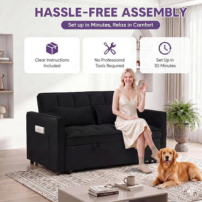 3 in 1 Convertible Sleeper Sofa Bed, 54'' Full Size Velvet Pull Out Futon Couch Recliner with Reclining Backrest & 2 Pillows, Small Loveseat Lounge Couches for Small Spaces (Black)6