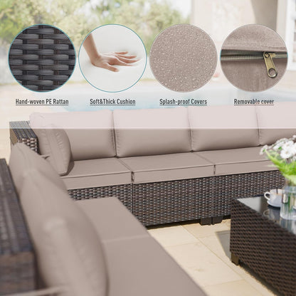 5 Pieces Patio Furniture Set Wicker Patio Conversation Set, Outdoor Sectional Furniture W/Coffee Table & Washable Seat Cushions-Sand5