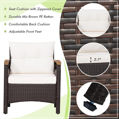 3-Piece Patio Furniture Set, Patiojoy Outdoor Rattan Sofa Set with Coffee Table, Patio Conversation Set with Removable Cushion, Cozy Acacia Wood Armrests for Backyard, Poolside (Off White)7