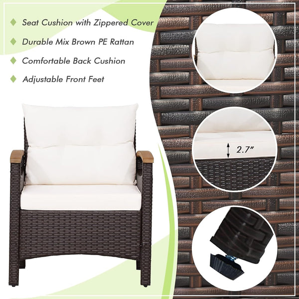3-Piece Patio Furniture Set, Patiojoy Outdoor Rattan Sofa Set with Coffee Table, Patio Conversation Set with Removable Cushion, Cozy Acacia Wood Armrests for Backyard, Poolside (Off White)7