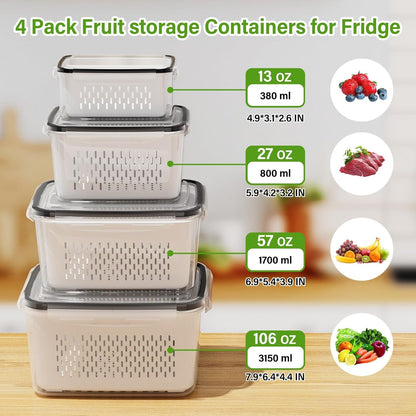 4 PCS Fruit Storage Containers for Fridge, Produce Containers for Fridge with Removable Colander, All-In-One Fruit Washing Bowl with Strainer Microwave/Dishwasher Safe for Salad Berry Lettuce Keeper3