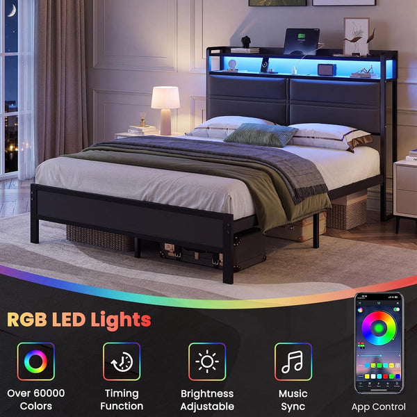 Full Bed Frame with LED Lights and Charging Station, Dark Grey3