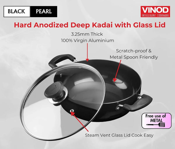 Cookware Professional Deep Kadhai – 2.1 Liters(2.2 Quarts) – 20Cm–Glass Lid Included – Multi-Use Hard Anodized Wok/Pot –Suitable for Indian Cooking, Sauces, Pasta, Stews, Soups – Riveted Handles5