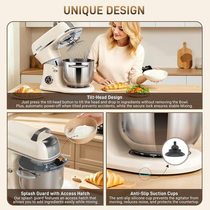 7 Quart Stand Mixer Aluminum Die Casting, 650W 12 Speed Tilt-Head Kitchen Electric Stand Mixer, Household Food Mixer with Stainless Steel Bowl, Dough Hook, Whisk and Beater-Cream9