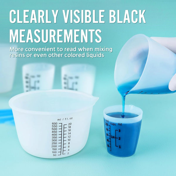 Silicone Resin Mixing Measuring Cups for Resin Supplies, Easy-To-Read Marks, 600Ml/20Oz Bowl, 250&100Ml Thickened Reusable Silicone Cups for Epoxy Mixing, with Stir Sticks, Jewelry Making4