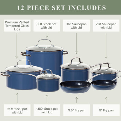 Healthy Duralon Blue Ceramic Nonstick Cookware Set, PFAS Free | Scratch-Resistant, Dishwasher & Oven Safe, Induction Ready & Evenly Heats, Tempered Glass Lids & Stay-Cool Handles7