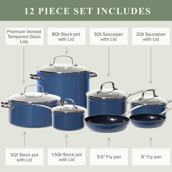 Healthy Duralon Blue Ceramic Nonstick Cookware Set, PFAS Free | Scratch-Resistant, Dishwasher & Oven Safe, Induction Ready & Evenly Heats, Tempered Glass Lids & Stay-Cool Handles7