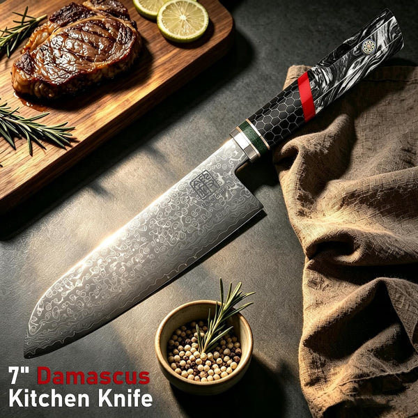 Damascus Santoku Knife - 7 Inch 67 Layers Damascus Chef Knife with Octagonal Resin Handle, Professional Japanese Knife for Meat, Fish & Vegetable Cutting, Razor Sharp Cooking Knives for Gift Idea5