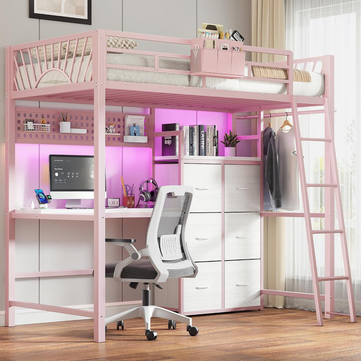 twin-loft-bed-with-desk-and-6-storage-drawers-charging-station-led-pink