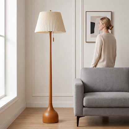 Mid Century Modern Real Wood Floor Lamp with 2 Shades for Two Looks | 65" Tall,Sculptural Teardrop Base,Wooden Pull Chain,Vintage Standing Lamp,Linen Shades,Living Room,Bedroom, Bulb Included5