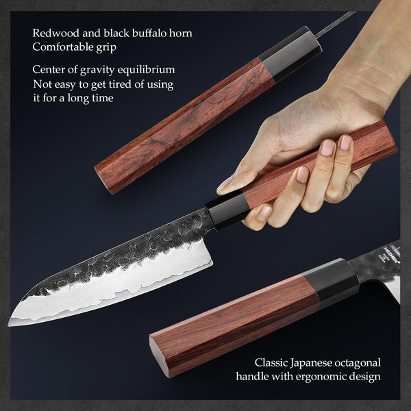 5.5 Inches Santoku Knife, Three-Layer Clad Steel, Professional Small Japanese Chef Knife, Ultra Sharp Blade, Red Wood Octagonal Handle4