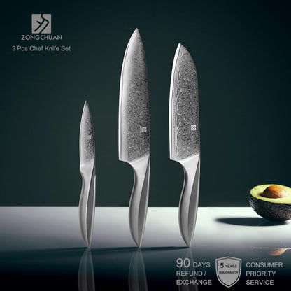 3 PCS Damascus Chef Knife Set, Ultra-Smooth Cutting Experience and Professional Grade Sharp, Kitchen Knife Set,Handle Ergonomic Design,9Cr18Mov High Carbon Stainless Steel,Dishwasher Safe8