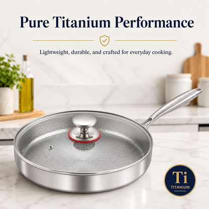 Titanium Hammered Pan Pro with Lid, Multifunctional Ultra-Durable Scratch-Resistant Non Stick, Even Heating for Cooking, Titaniums Nutri Pans Compatible with All Cooktops,7.87In2