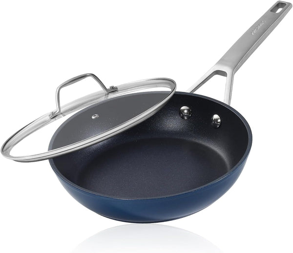 8 Inch Small Nonstick Frying Pan with Lid, Blue Egg Omelet Skillet | Non Toxic, Even Heating, Easy Clean, Dishwasher & Oven Safe, Suitable for Gas & Electric & Induction Stoves, Stainless Steel1